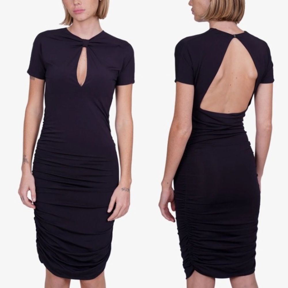 Pierre Balmain Ruched Cutout Short Sleeve Cocktail Dress Dark Indigo Navy